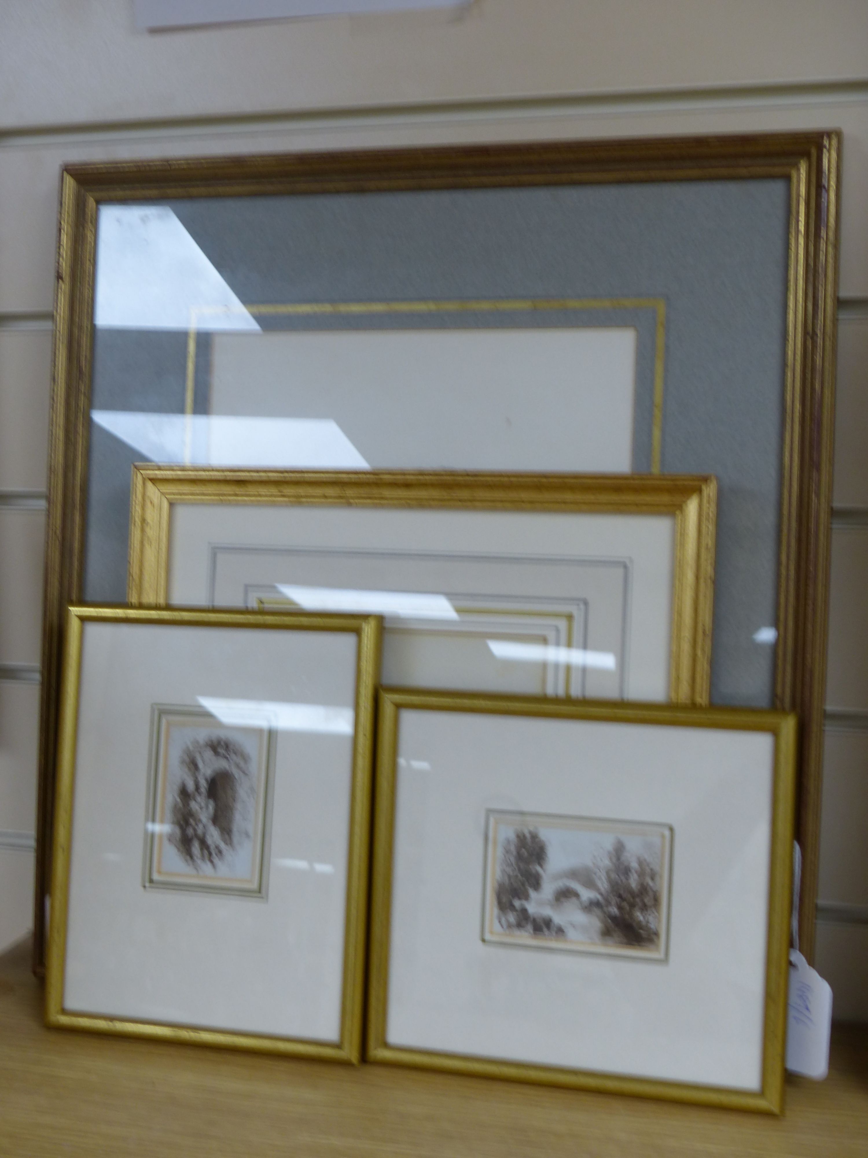 Sarah Gunner, pen and ink, Sketch of a seated bullock, 24 x 22cm, with a pencil and wash sketch of a bullock and two 19th century pen and ink landscapes